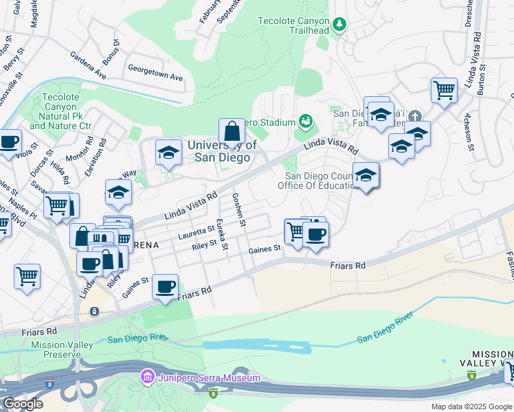 map of restaurants, bars, coffee shops, grocery stores, and more near 5978 Lauretta Street in San Diego