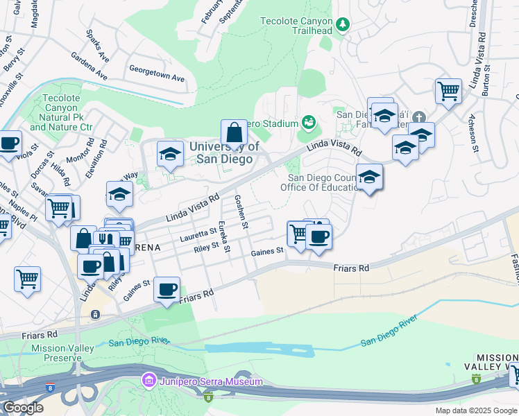 map of restaurants, bars, coffee shops, grocery stores, and more near 5978 Lauretta Street in San Diego
