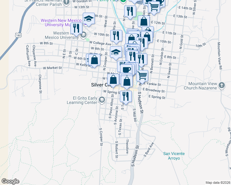map of restaurants, bars, coffee shops, grocery stores, and more near West Spring Street in Silver City