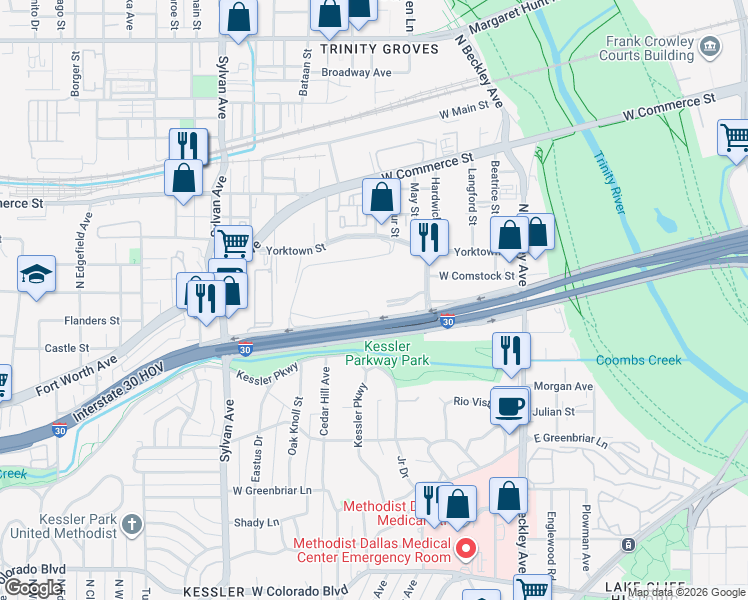 map of restaurants, bars, coffee shops, grocery stores, and more near 401 Tom Landry Freeway in Dallas