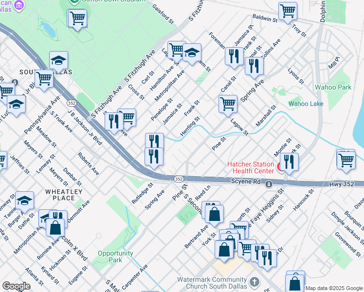 map of restaurants, bars, coffee shops, grocery stores, and more near 2711 Cross Street in Dallas