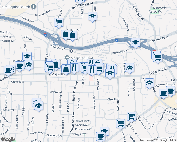 map of restaurants, bars, coffee shops, grocery stores, and more near 7364 El Cajon Boulevard in San Diego