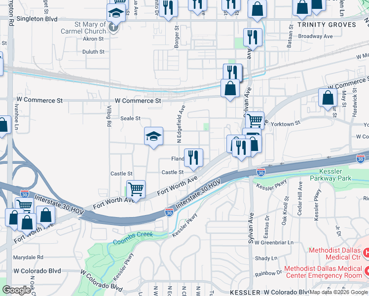 map of restaurants, bars, coffee shops, grocery stores, and more near 1228 Walmsley Avenue in Dallas