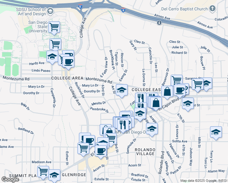 map of restaurants, bars, coffee shops, grocery stores, and more near 5027 Art Street in San Diego