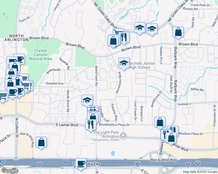 map of restaurants, bars, coffee shops, grocery stores, and more near 1729 Woodstock Boulevard in Arlington