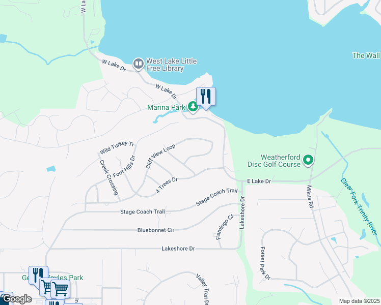 map of restaurants, bars, coffee shops, grocery stores, and more near 3710 Cliff View Loop in Weatherford