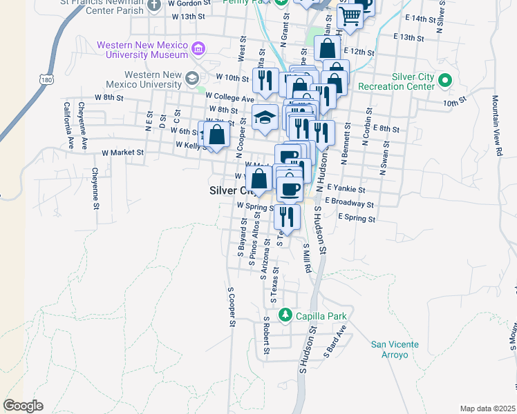 map of restaurants, bars, coffee shops, grocery stores, and more near West Spring Street in Silver City