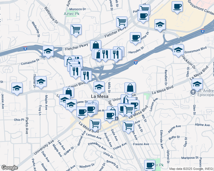 map of restaurants, bars, coffee shops, grocery stores, and more near 4961 Spring Street in La Mesa