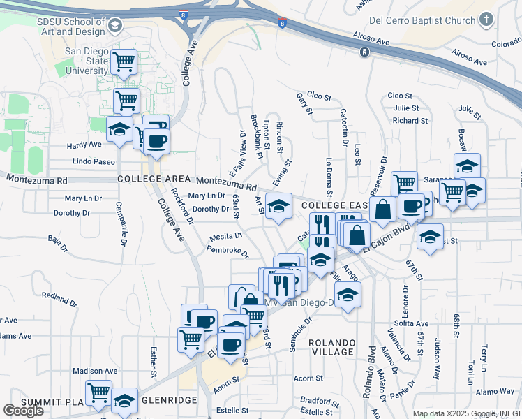 map of restaurants, bars, coffee shops, grocery stores, and more near 5027 Art Street in San Diego