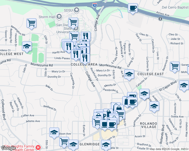map of restaurants, bars, coffee shops, grocery stores, and more near 6105 Dorothy Drive in San Diego