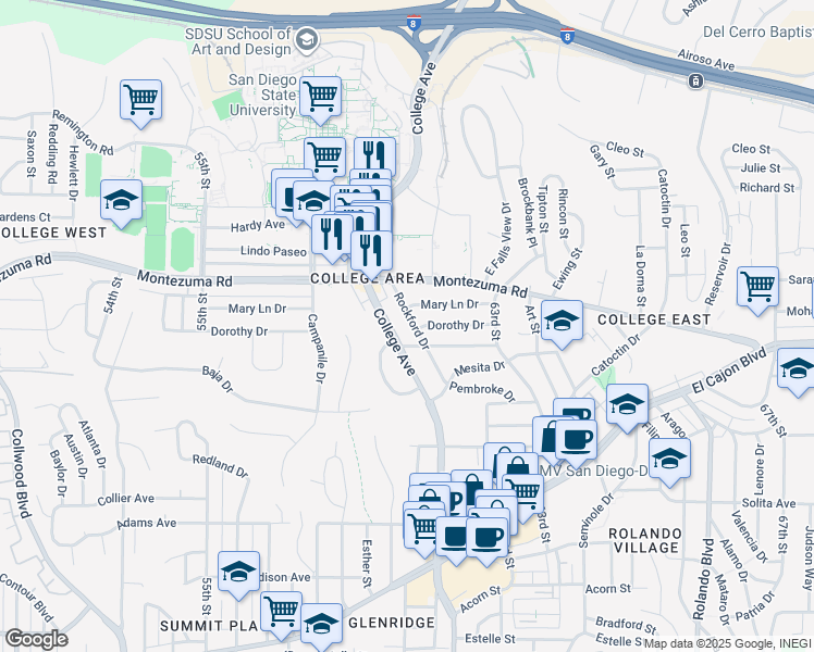map of restaurants, bars, coffee shops, grocery stores, and more near 6105 Dorothy Drive in San Diego