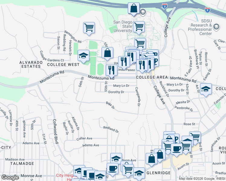 map of restaurants, bars, coffee shops, grocery stores, and more near 5531 Dorothy Drive in San Diego