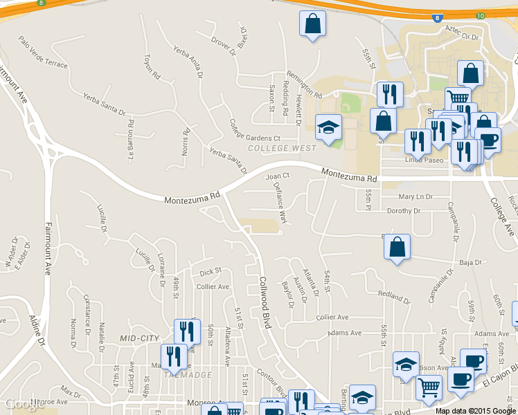 map of restaurants, bars, coffee shops, grocery stores, and more near 5240 Prosperity Lane in San Diego