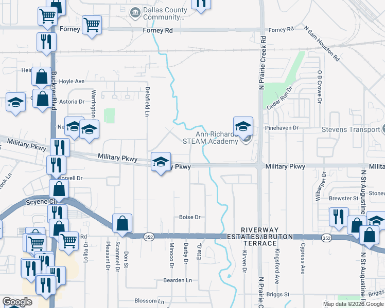 map of restaurants, bars, coffee shops, grocery stores, and more near 3606 Darby Drive in Dallas
