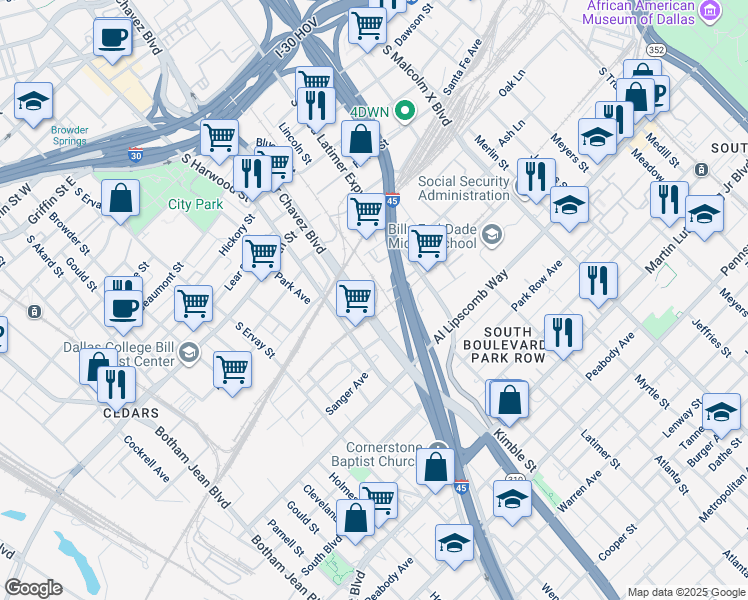 map of restaurants, bars, coffee shops, grocery stores, and more near 2119 Coombs Street in Dallas
