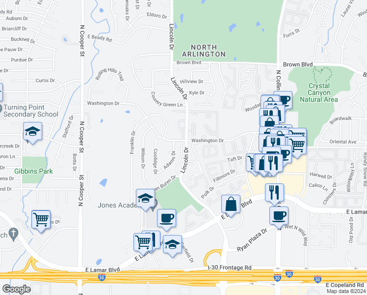 map of restaurants, bars, coffee shops, grocery stores, and more near 2125 Park Willow Lane in Arlington