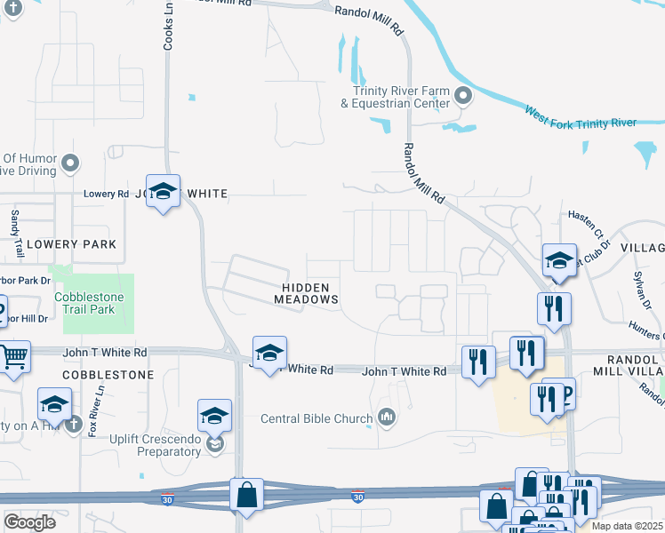 map of restaurants, bars, coffee shops, grocery stores, and more near 8017 Hidden Oaks Drive in Fort Worth