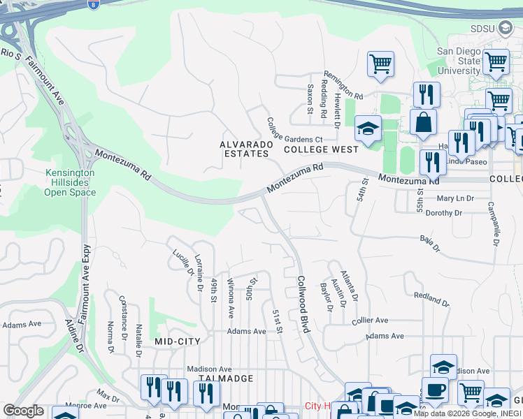 map of restaurants, bars, coffee shops, grocery stores, and more near 5025 Collwood Way in San Diego