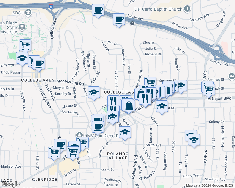 map of restaurants, bars, coffee shops, grocery stores, and more near 6545 Montezuma Road in San Diego