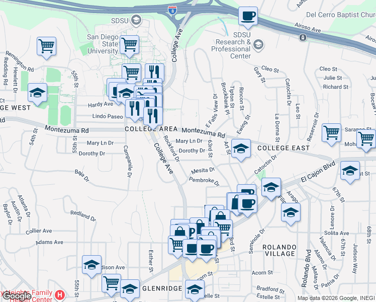 map of restaurants, bars, coffee shops, grocery stores, and more near 6205 Dorothy Drive in San Diego