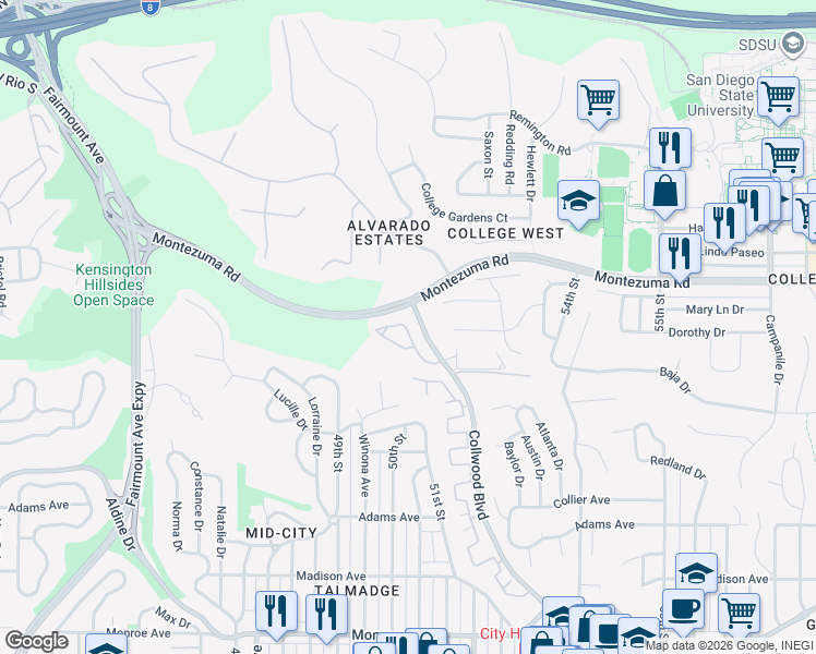 map of restaurants, bars, coffee shops, grocery stores, and more near 13 Collwood Way in San Diego