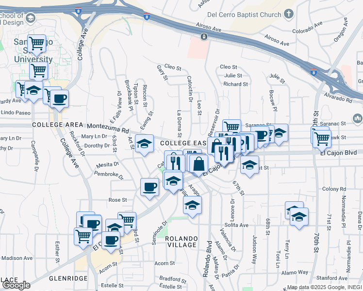 map of restaurants, bars, coffee shops, grocery stores, and more near 6545 Montezuma Road in San Diego