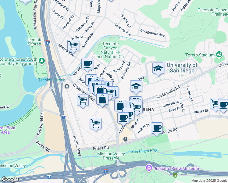 map of restaurants, bars, coffee shops, grocery stores, and more near 5167 Savannah Street in San Diego