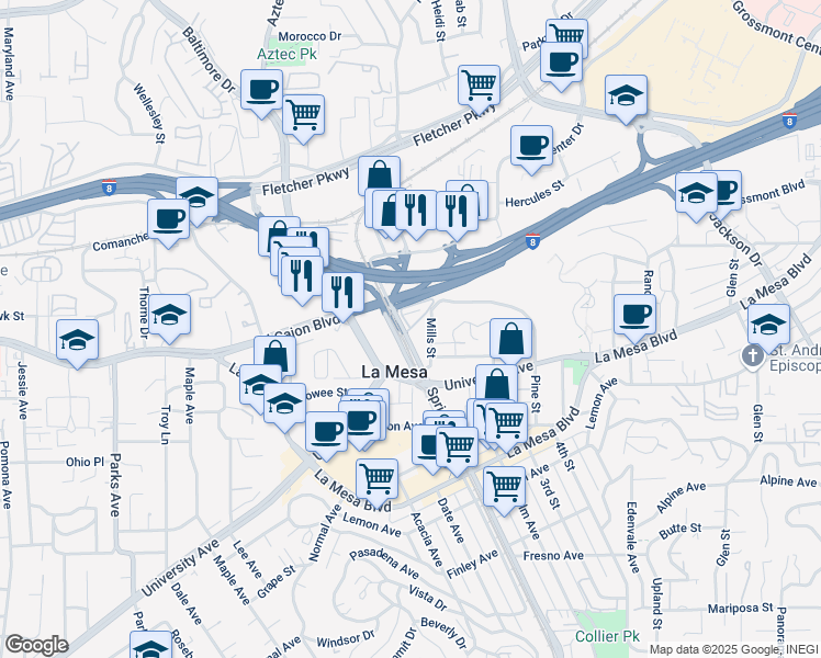 map of restaurants, bars, coffee shops, grocery stores, and more near 4961 Spring Street in La Mesa