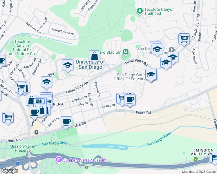 map of restaurants, bars, coffee shops, grocery stores, and more near 5971 Mildred Street in San Diego