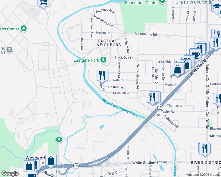 map of restaurants, bars, coffee shops, grocery stores, and more near 6124 Saint Johns Lane in Fort Worth