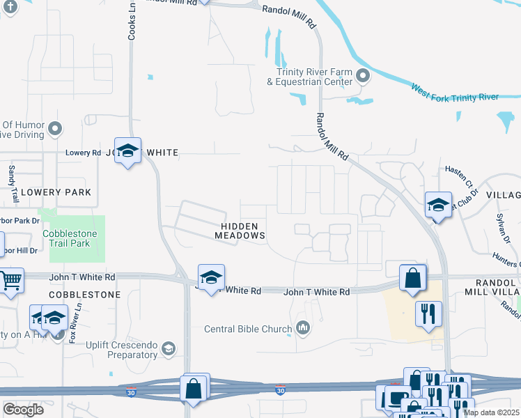 map of restaurants, bars, coffee shops, grocery stores, and more near 8017 Hidden Oaks Drive in Fort Worth