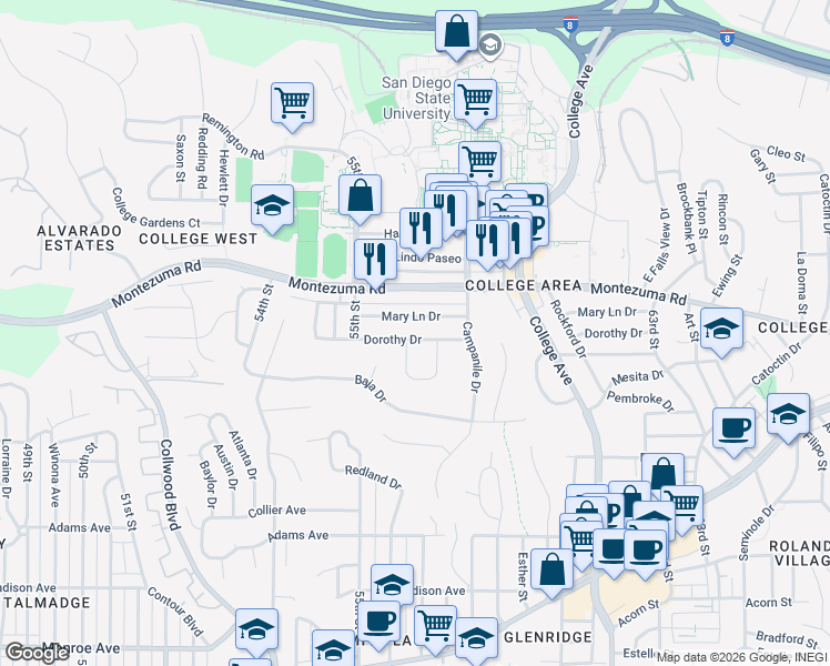 map of restaurants, bars, coffee shops, grocery stores, and more near 5628 Dorothy Drive in San Diego
