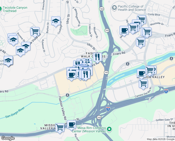 map of restaurants, bars, coffee shops, grocery stores, and more near 7067 Friars Road in San Diego
