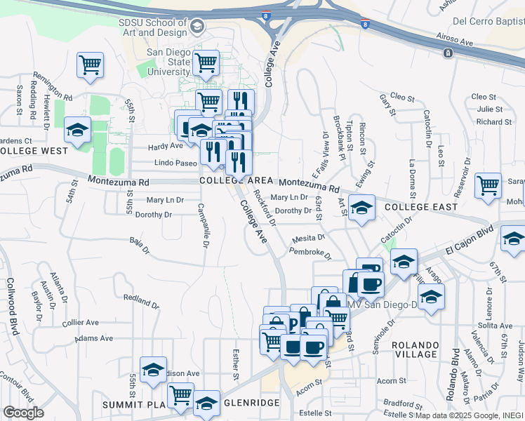 map of restaurants, bars, coffee shops, grocery stores, and more near 6105 Dorothy Drive in San Diego
