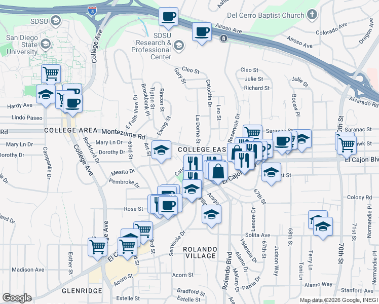 map of restaurants, bars, coffee shops, grocery stores, and more near 4941 Gary Street in San Diego