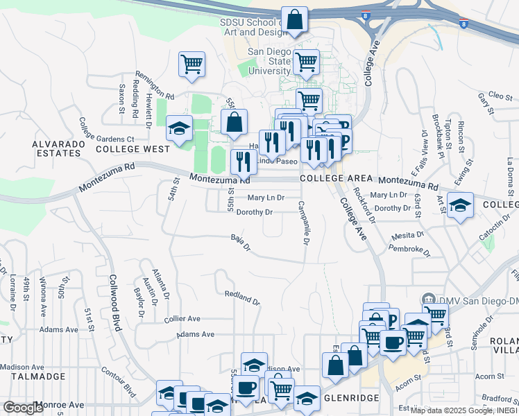 map of restaurants, bars, coffee shops, grocery stores, and more near 5531 Dorothy Drive in San Diego