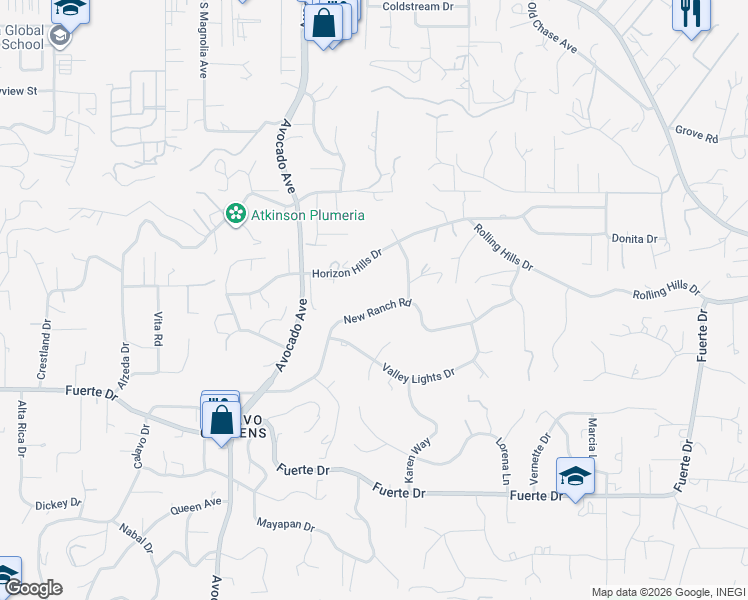 map of restaurants, bars, coffee shops, grocery stores, and more near 4970 New Ranch Road in El Cajon