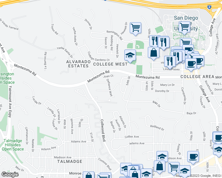 map of restaurants, bars, coffee shops, grocery stores, and more near 5310 Prosperity Lane in San Diego