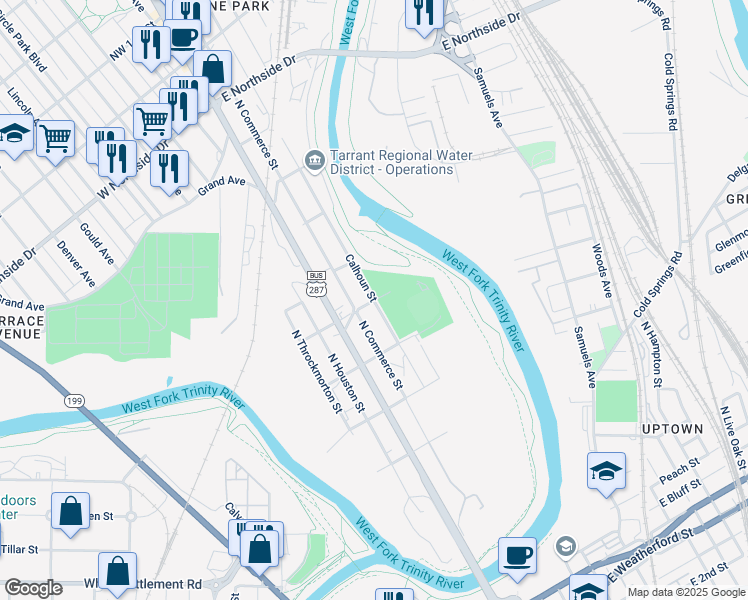 map of restaurants, bars, coffee shops, grocery stores, and more near 800 Calhoun Street in Fort Worth