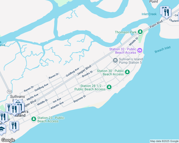 map of restaurants, bars, coffee shops, grocery stores, and more near 2808 Brooks Street in Sullivan's Island