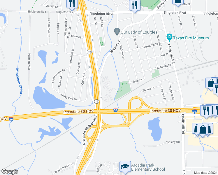 map of restaurants, bars, coffee shops, grocery stores, and more near 5880 Bernal Drive in Dallas