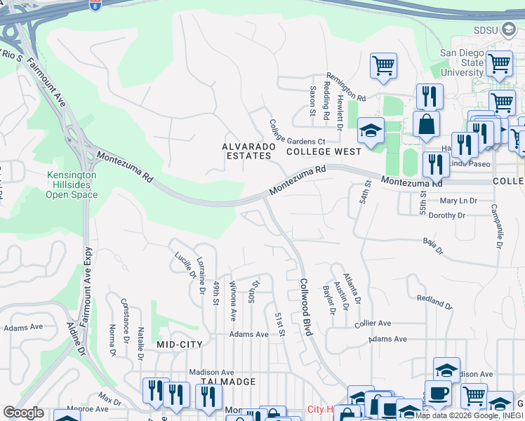 map of restaurants, bars, coffee shops, grocery stores, and more near 19 Collwood Way in San Diego