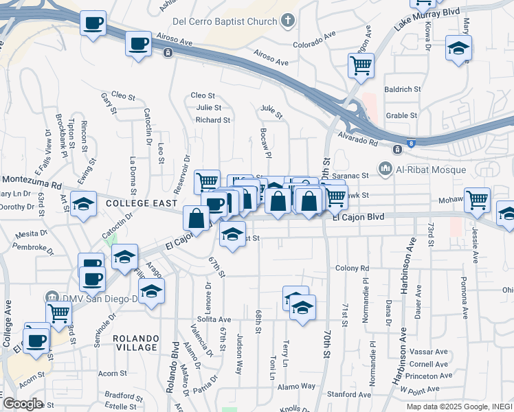map of restaurants, bars, coffee shops, grocery stores, and more near 4965 68th Street in San Diego