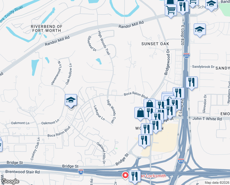 map of restaurants, bars, coffee shops, grocery stores, and more near 6206 Post Oak Terrace in Fort Worth