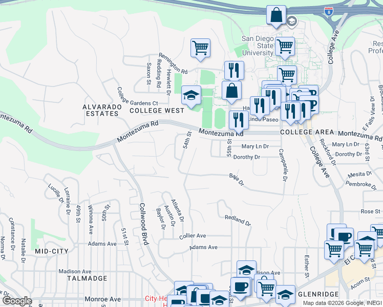 map of restaurants, bars, coffee shops, grocery stores, and more near 5038 Chaparral Way in San Diego