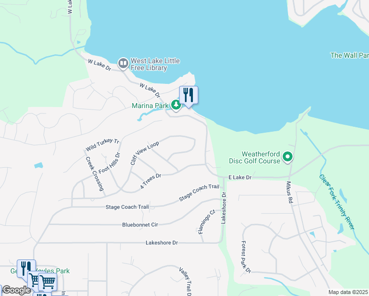 map of restaurants, bars, coffee shops, grocery stores, and more near 3710 Cliff View Loop in Weatherford