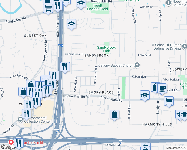 map of restaurants, bars, coffee shops, grocery stores, and more near 6973 Sylvan Meadows Drive in Fort Worth