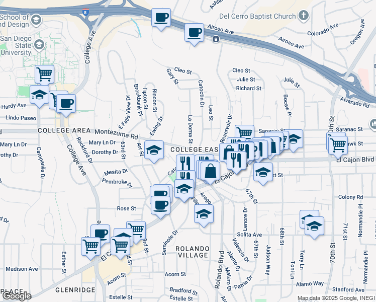 map of restaurants, bars, coffee shops, grocery stores, and more near 6545 Montezuma Road in San Diego