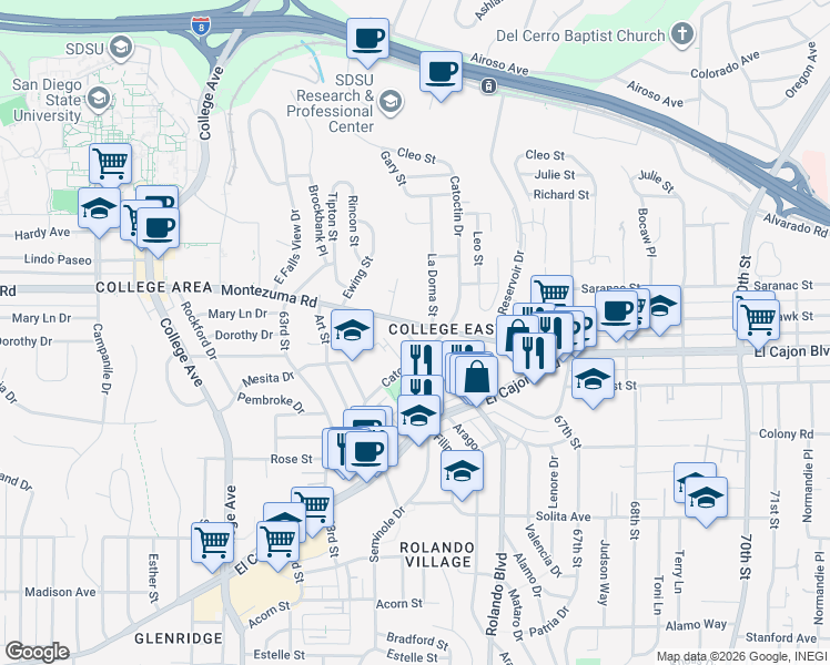map of restaurants, bars, coffee shops, grocery stores, and more near 4941 Gary Street in San Diego