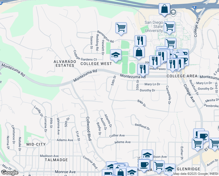map of restaurants, bars, coffee shops, grocery stores, and more near 5014 Faber Way in San Diego